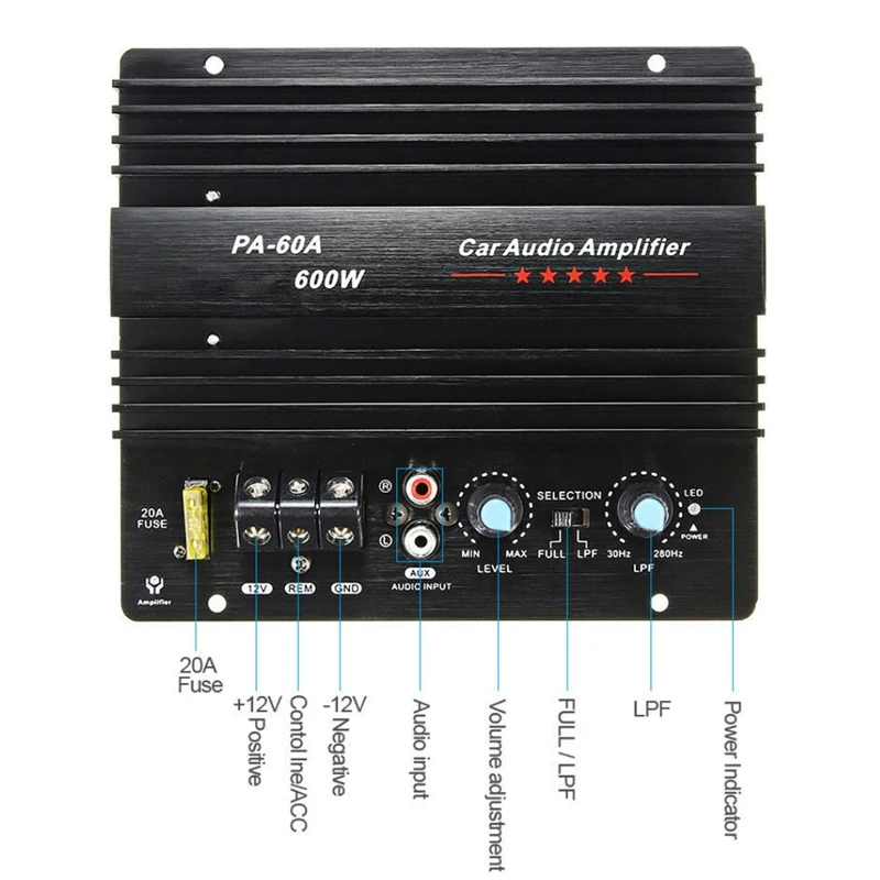 12V 600W Car Amplifier Board PA-60A Subwoofer Circuit Module Car Power Amplifier,Black-A28R