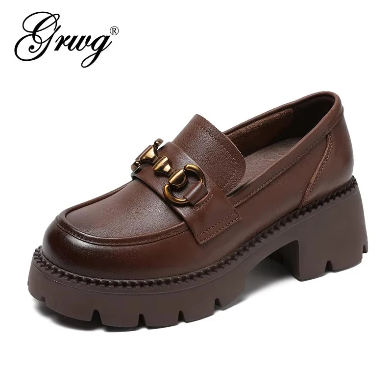 

GRWG Platform Penny Loafers Women Genuine Cow Leather Round Toe 2025 Slip On Chunky Sole Ladies Casual Shoes Handmade