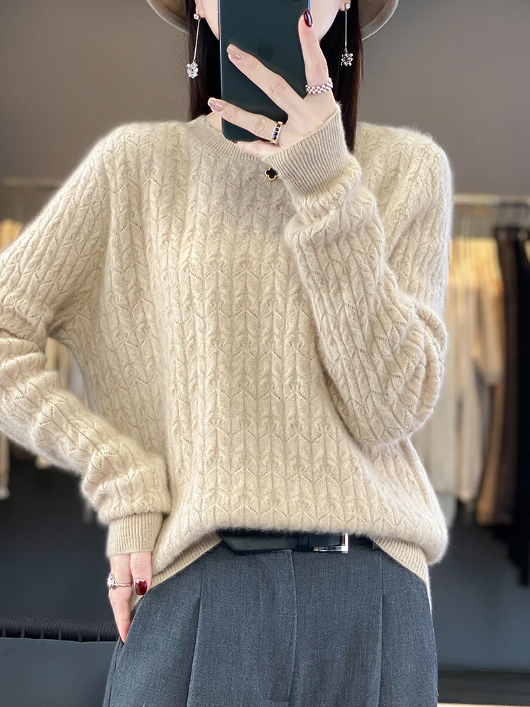 Women Autumn Winter Pullovers 100% Merino Wool Sweater O-Neck Hollow Long Sleeves Casual Cashmere Knitwer Korean Fashion Tops