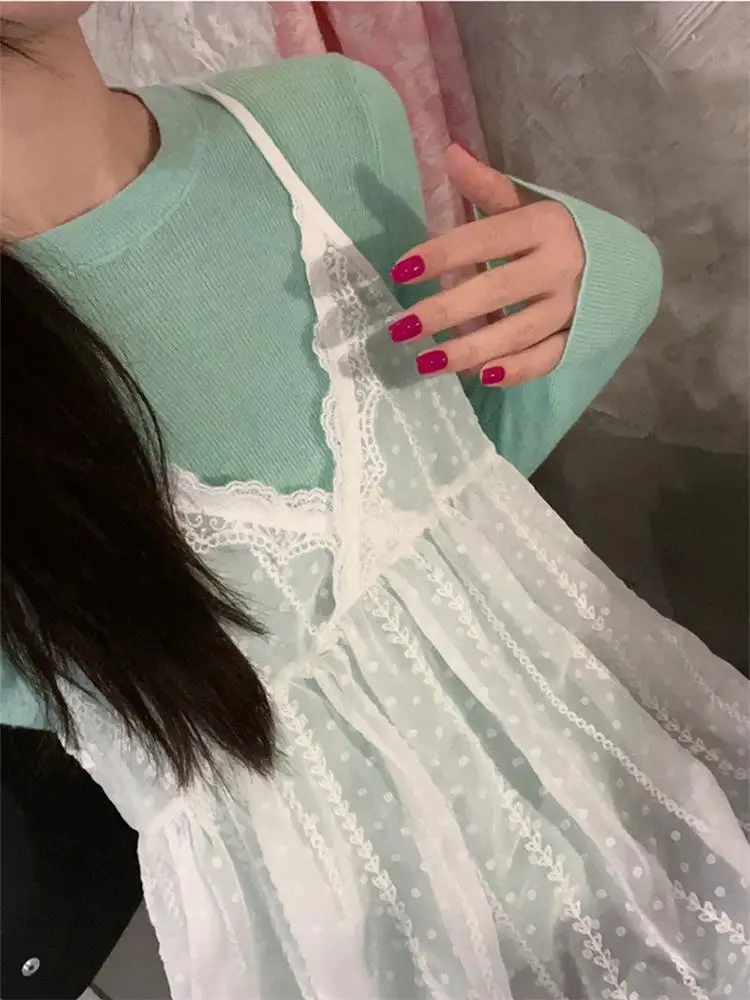 Lace Halter Dress Women's Summer New Style 2026 Layered Casual Loose Slim V-neck Mid-length Cover up Fairy A-line Skirt
