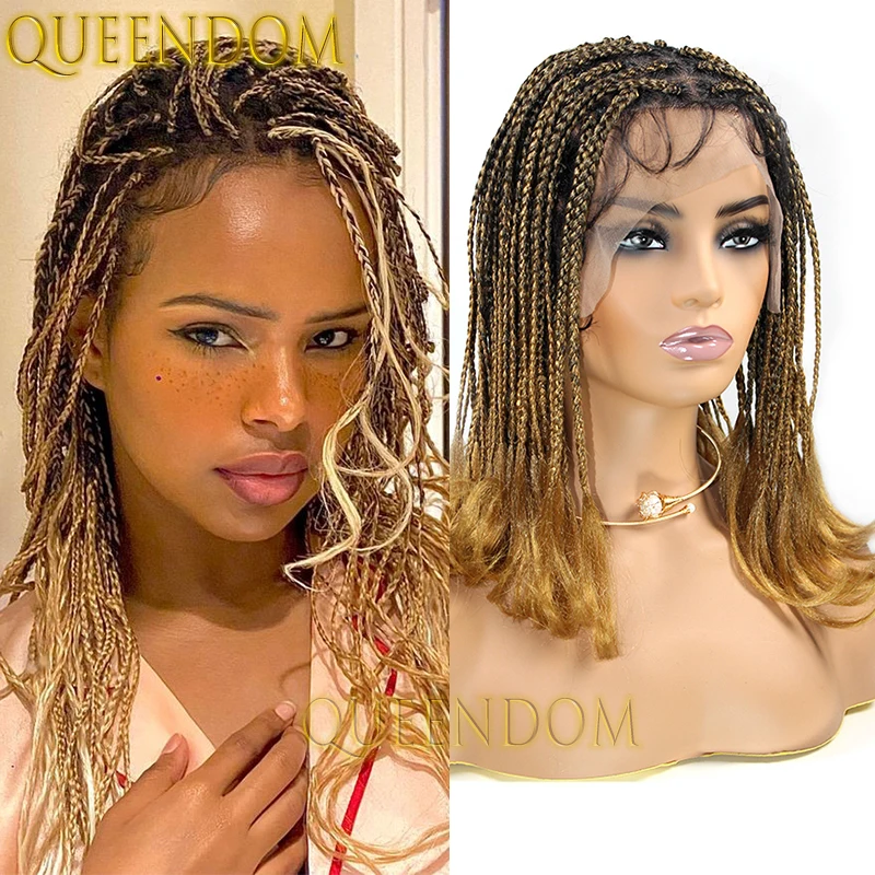 12'' Synthetic Micro Cornrow Braid Wig Ombre Blonde Full Lace Box Braided Wig Knotless Dreadlock French Curl Wig For Black Women