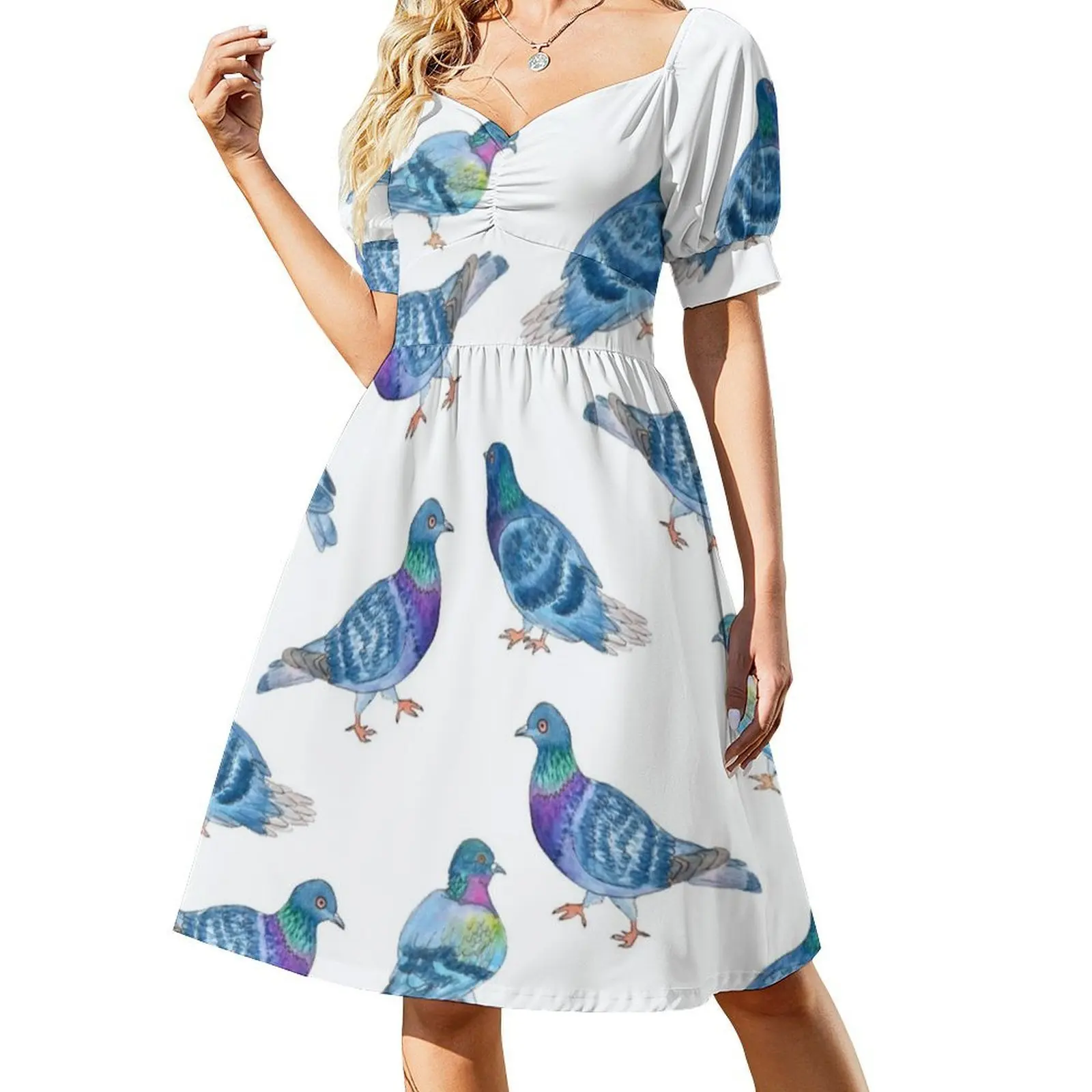 Robe smockée florale de Pigeons peints par l'eau pour femmes, tenue décontractée de printemps et d'été pour fête, motif aquarelle de Pigeons
