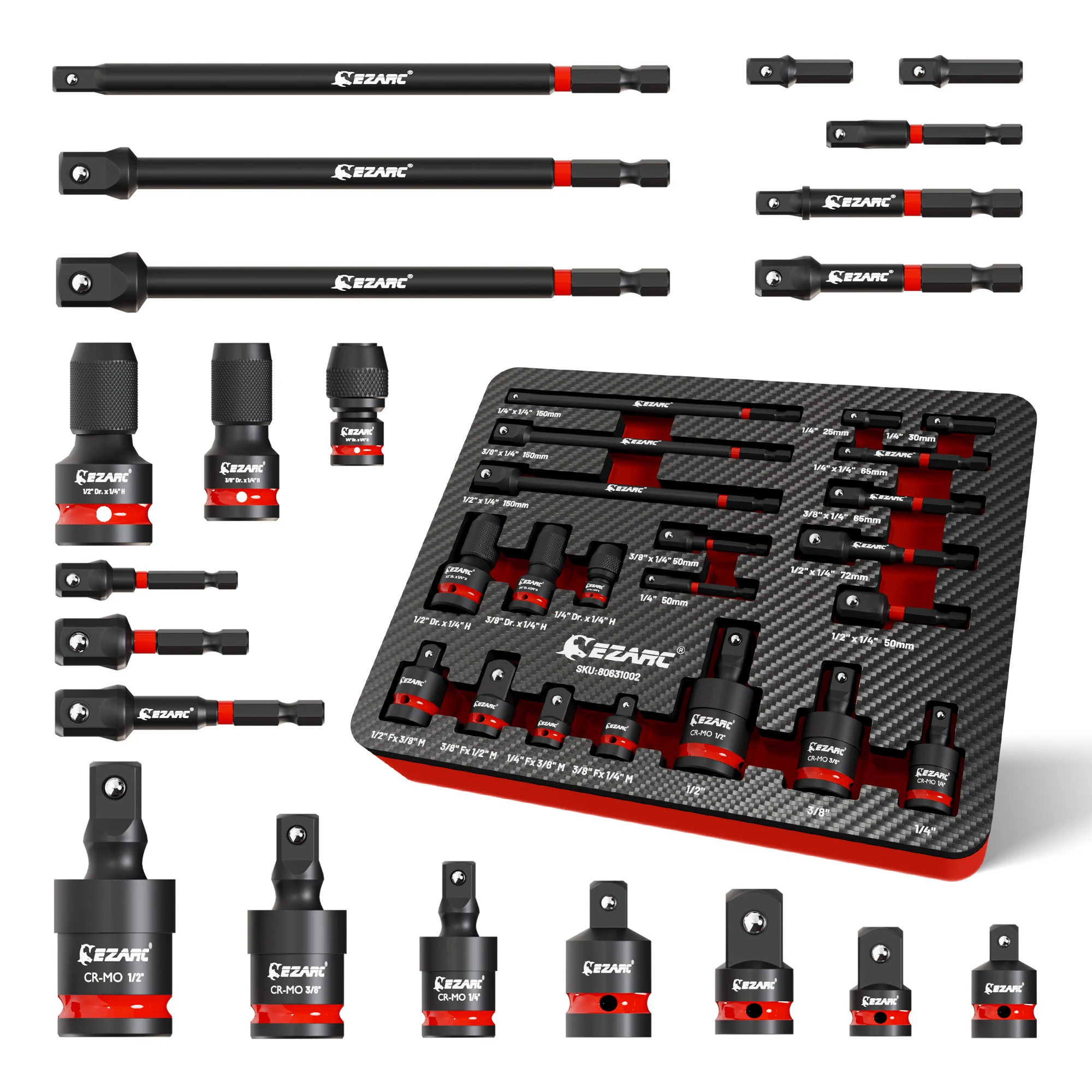 21PCS Impact Socket Adapter Set - CR-MO Universal Swivel Socket Set & Impact Couplers, CR-V Reducers & Hex Extension Bits