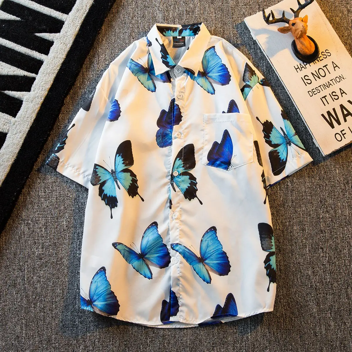 Men's new summer floral shirt men's high-end butterfly printed loose fitting shirt shirts for men