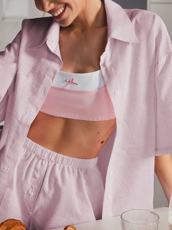 

Женский повседневный комплект в полоску irt, новинка 2025 года, отложной воротник, открытый кардиган пяти четвертей Sve, топ, комплект из двух предметов