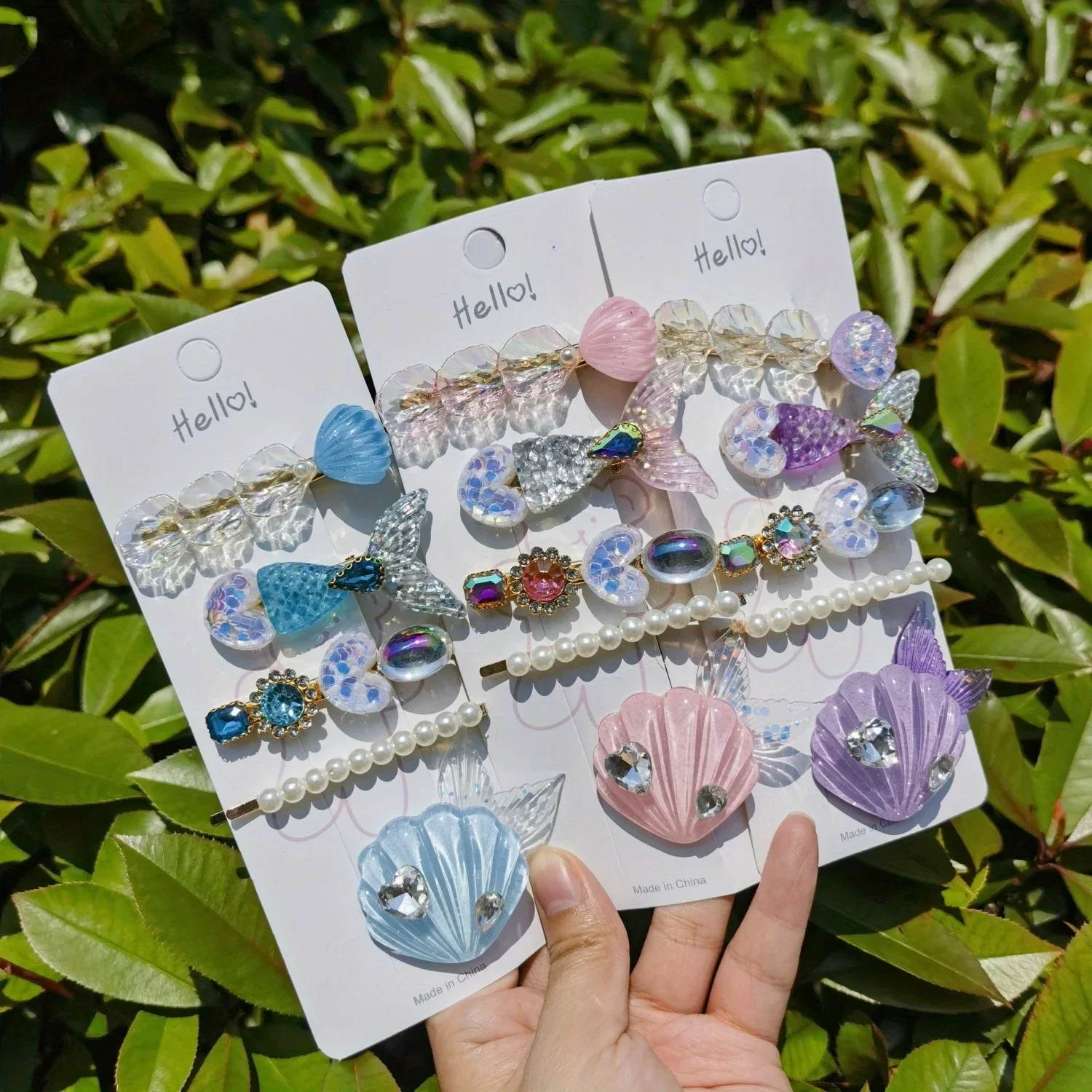 

Заколки для волос «Русалка» из 5 предметов для девочек — набор из блестящей смолы в виде ракушек и морских звезд, заколки в форме сердца + заколки с боковой застежкой