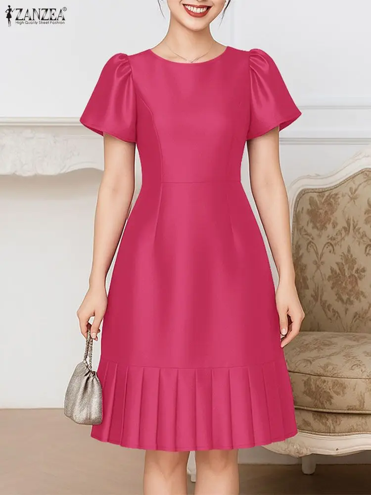 우아한 파티 드레스 ZANZEA 여성용 2025 스타일리시 새틴 플리츠 드레스 페탈 슬리브 웨이스트드 선드레스 패션 A라인 OL 워크 베스티도스
