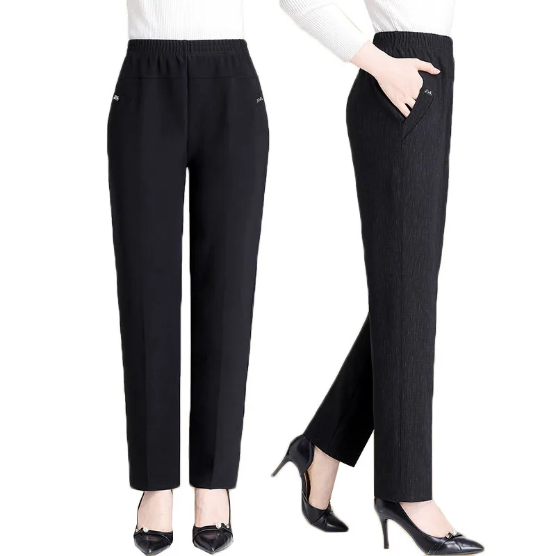 Pantalones rectos informales con cintura elástica para mujer de mediana edad de otoño, pantalones cálidos de terciopelo para mujer, pantalones negros para mujer