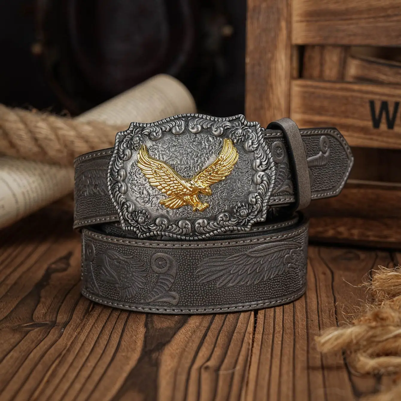 Western Cowboy Leather Buckle Belts eagle Pattern Floral Engraved Buckle Belt for Men