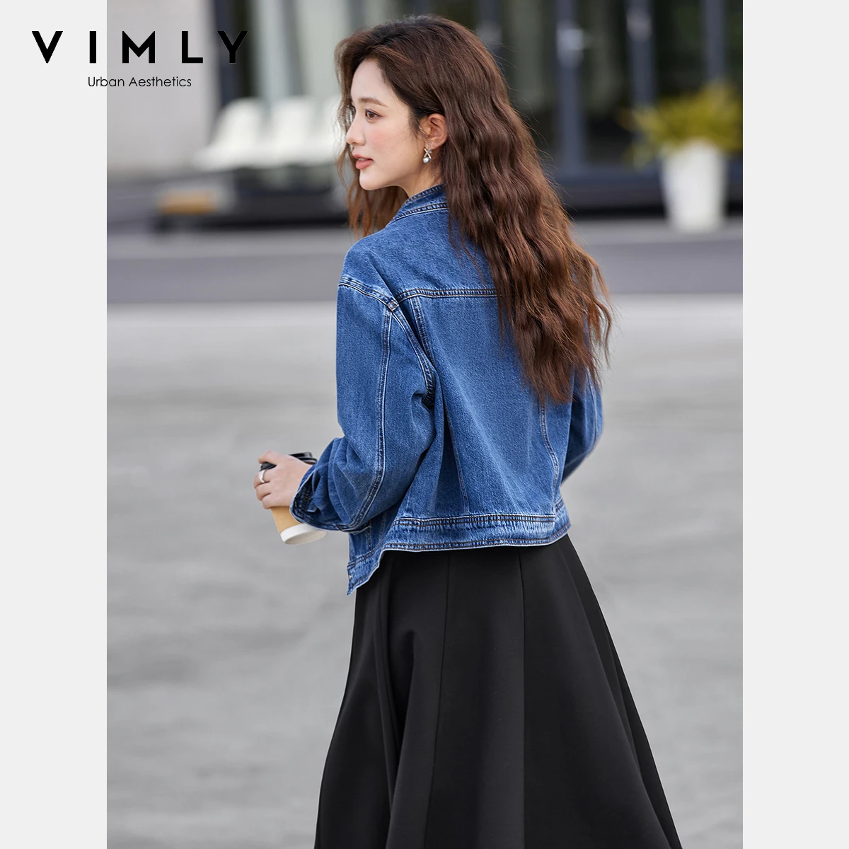 VIMLY Women's Denim Jacket Stand Neck Vintage Autumn 2025 Long Sleeve Button Pocket New in Coats & Jackets Ladies Clothing 75085