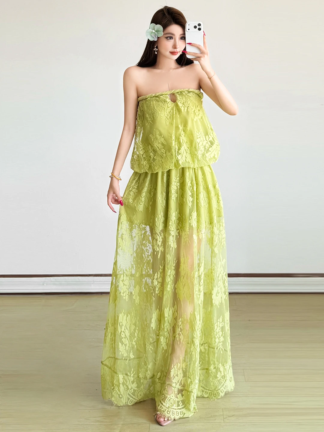 

Sisjuly Elegant Hollow out Rope Weaving Strapless Long Dress Set Women's Casual Breathable High Waist Skirt And Top Ensemble