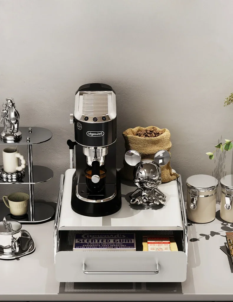 

Coffee storage display stand, coffee machine with storage drawer, raised base