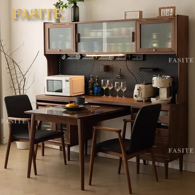 Black Walnut Solid Wood Dining Sideboard with Foldable Table Wall Mounted Wine Cabinet Space Saving Storage Unit for Small
