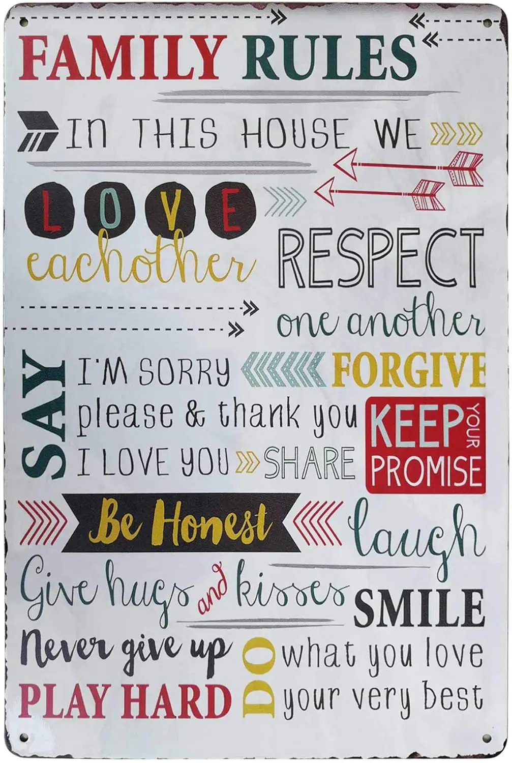 Colorful Family Rules Vintage Metal Sign Decorative Wall Plaque Country Home Decor for Living Room, Kitchen, Entryway 8X12I sign