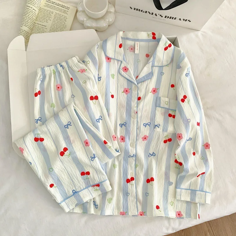 2026 جديد سحابة القطن الكرتون عادية لطيف طويلة الأكمام السراويل قطعتين المرأة المنزل دعوى مجموعة مخطط الكرز القوس طباعة ملابس خاصة #1