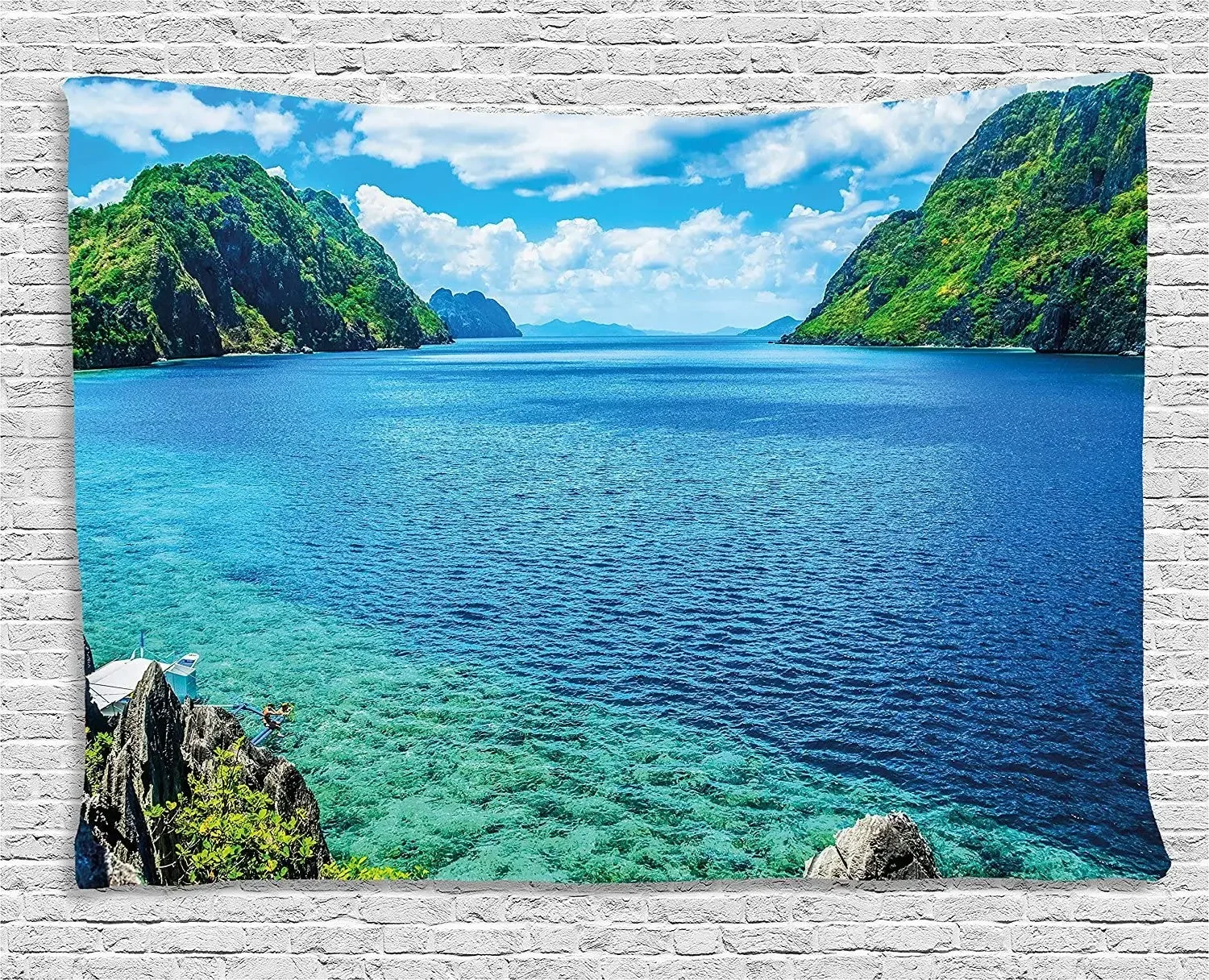 Nature Tapestry Scenic View Sea Bay and Mountain Islands in Palawan Philippines Idyllic Image Wall Hanging for Bedroom Living