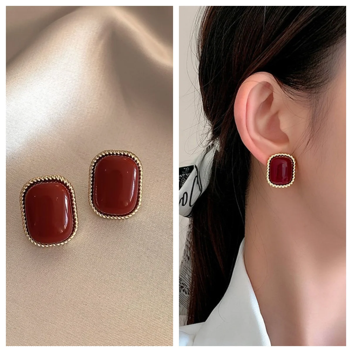 Pendientes cuadrados Vintage de esmalte Burdeos para mujeres y niñas, pendientes de flor de perla de imitación de Metal de Color dorado, joyería de fiesta