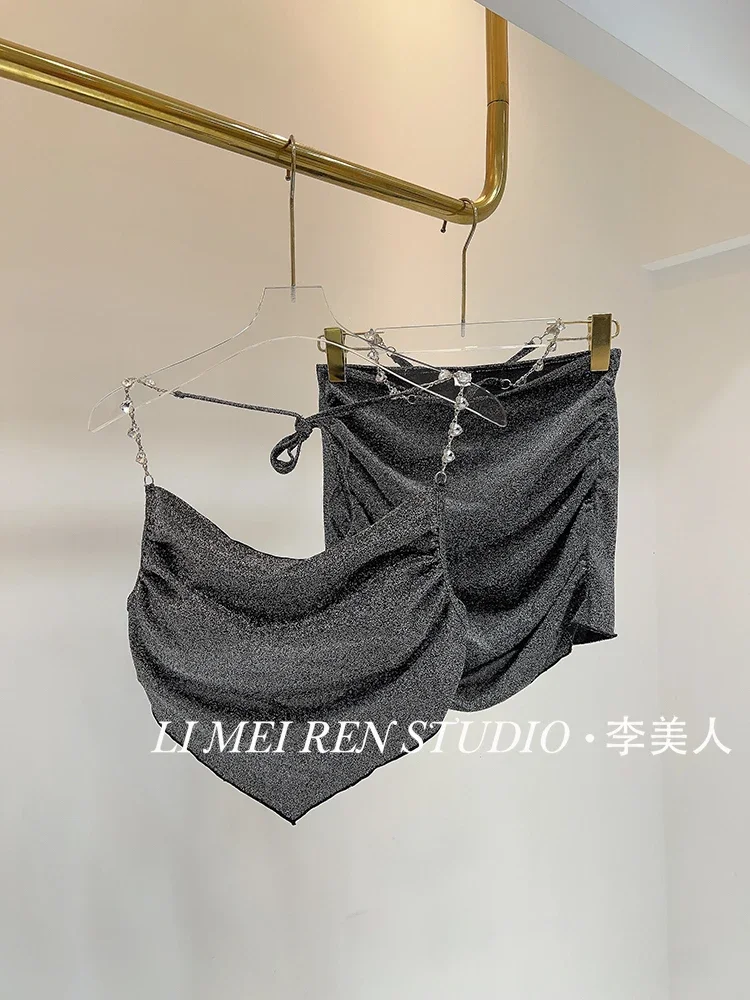 New High Ding Silver Black Sparkling Strap Hot Girl Sexy   Hip Skirt Bikini Swimsuit Female