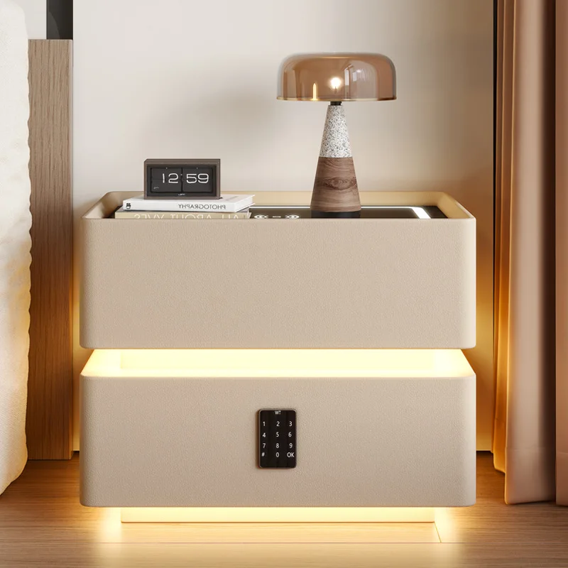 

Smart bedside table with lamp floating new solid wood bedroom light luxury high sense simple modern bedside storage cabinet
