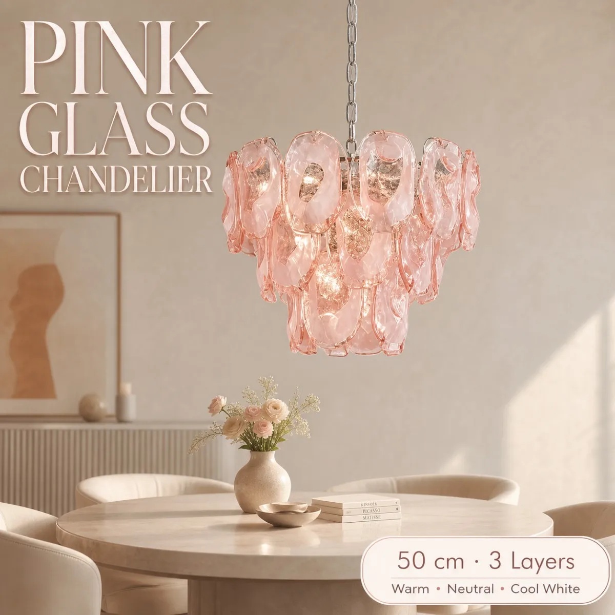 French Romantic 2026 New Pendant Lamp Pink Murano Glass 3-Tier Ring Design Dimmable LED Silver Chrome Finish for Princess Room