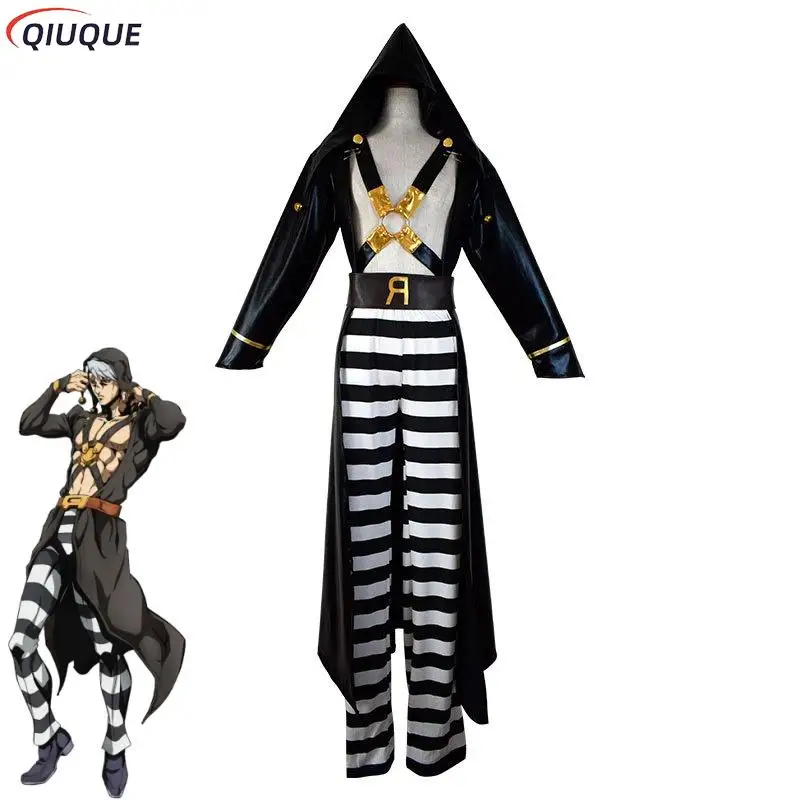 Risotto Nero Cosplay Costume Anime JoJo's Bizarre Adventure Black Uniform Hooded Trench Pants Suit Halloween Role Play Outfit