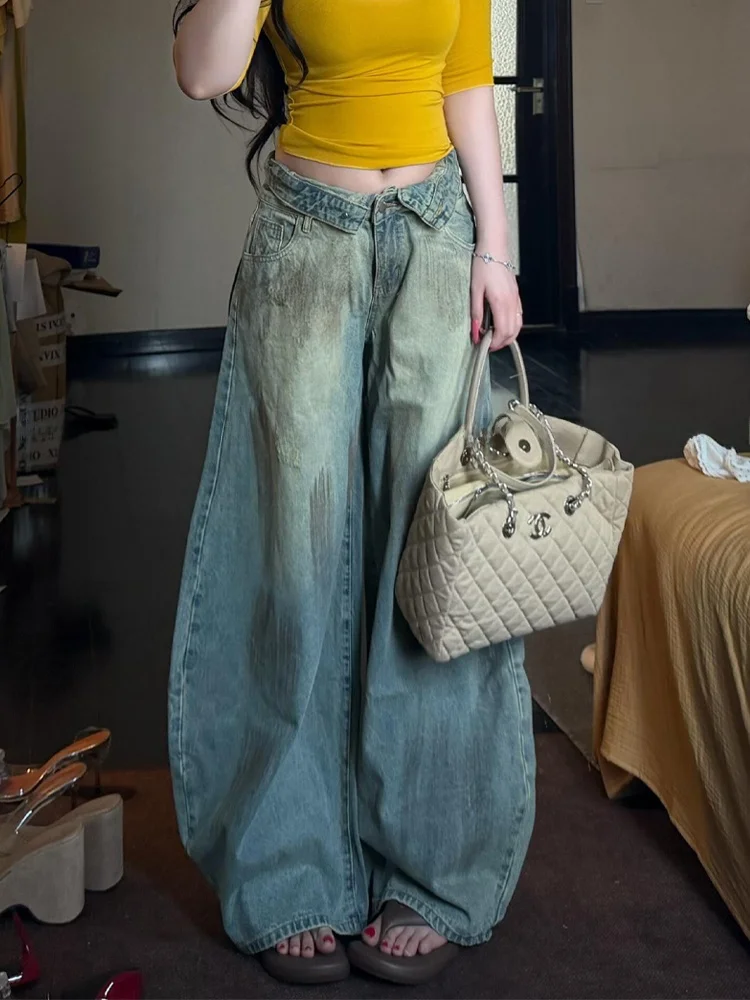 Retro Distressed American Style Women's Jeans High Waist Flip Knife Long Pants Spring Summer Autumn New Design Casual Loose Fit
