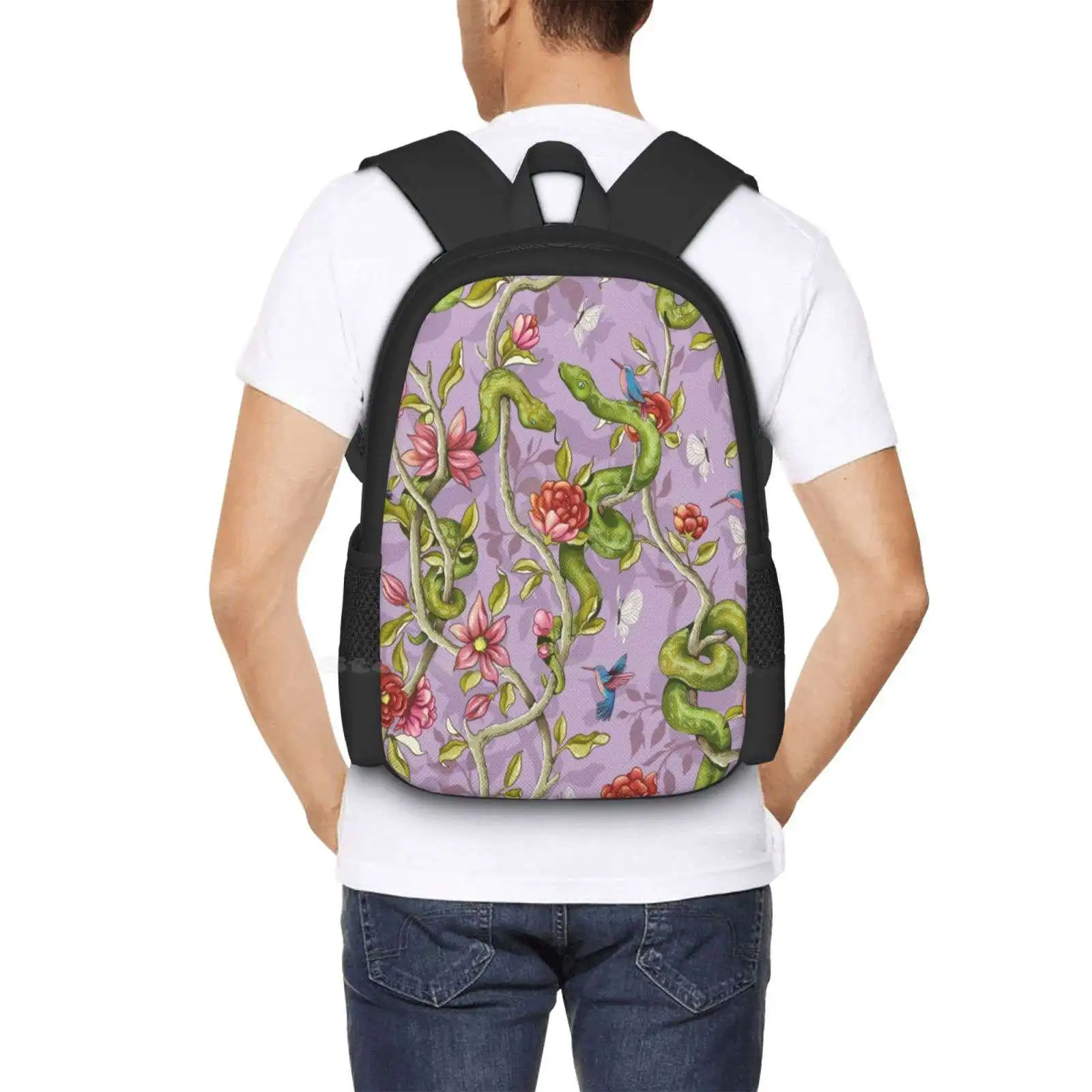 Morning Song-Bolsa de diseño con patrón de lavanda, mochila para estudiantes, escamas de pitón de serpiente, verde, lavanda, rosa, flor Floral, jardín