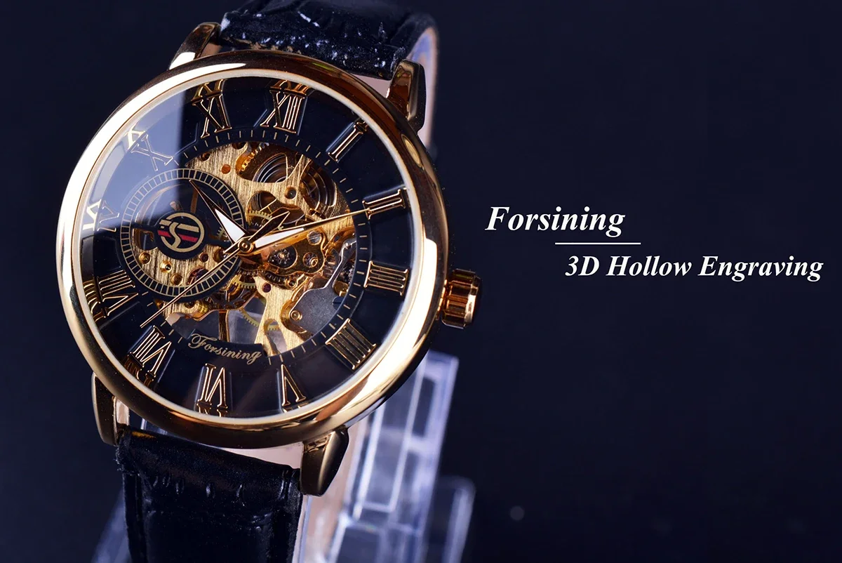 Forsining Men Leather Skeleton Mechanical Watches