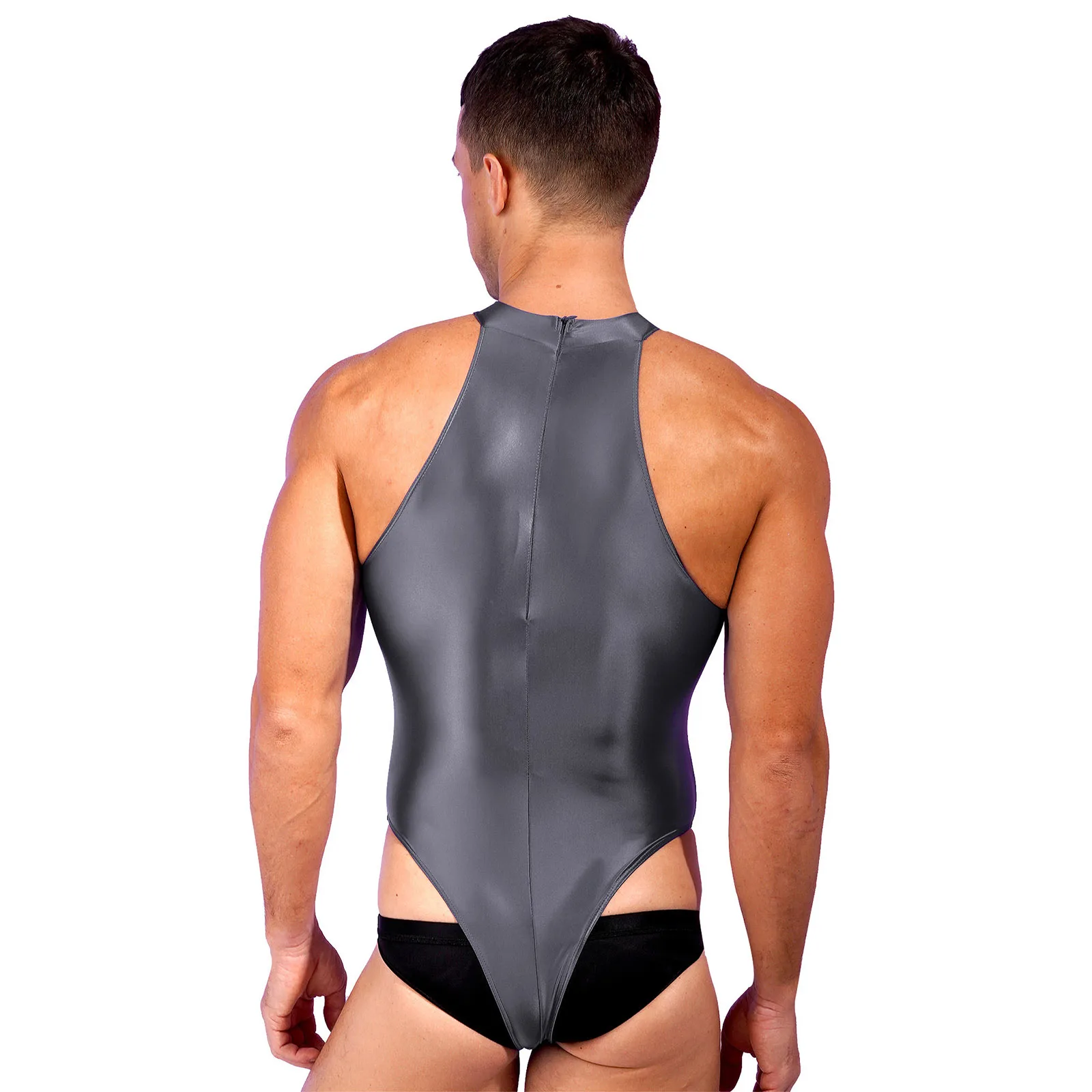 Mens Swimsuit Glossy Mock Neck Back Zipper Bodysuit Swimwear Solid Color Sleeveless Leotard for Gymnastics Training Swimming