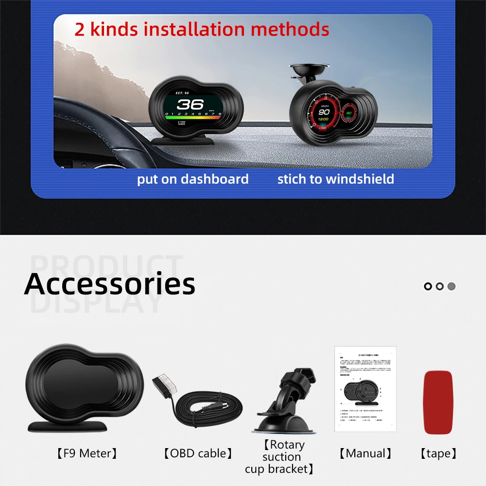 Picture 6: F9 OBD OBD2 Car HUD F9 OBD Head Up Display Smart Digital Speedometer On-board Computer Gauge Temperature Engine RPM Alarm