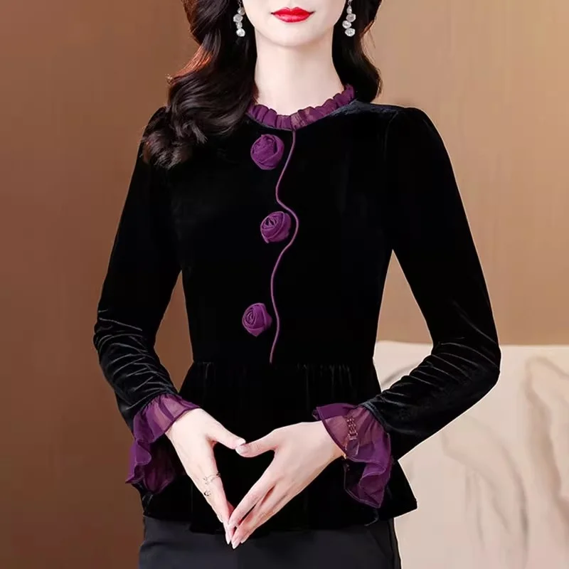 الراقية الذهب المخملية قميص مزاجه أمي بلوزة لخريف وشتاء ، المرأة الأنيقة كبيرة الحجم سليم صالح الأعلى w1656 #1