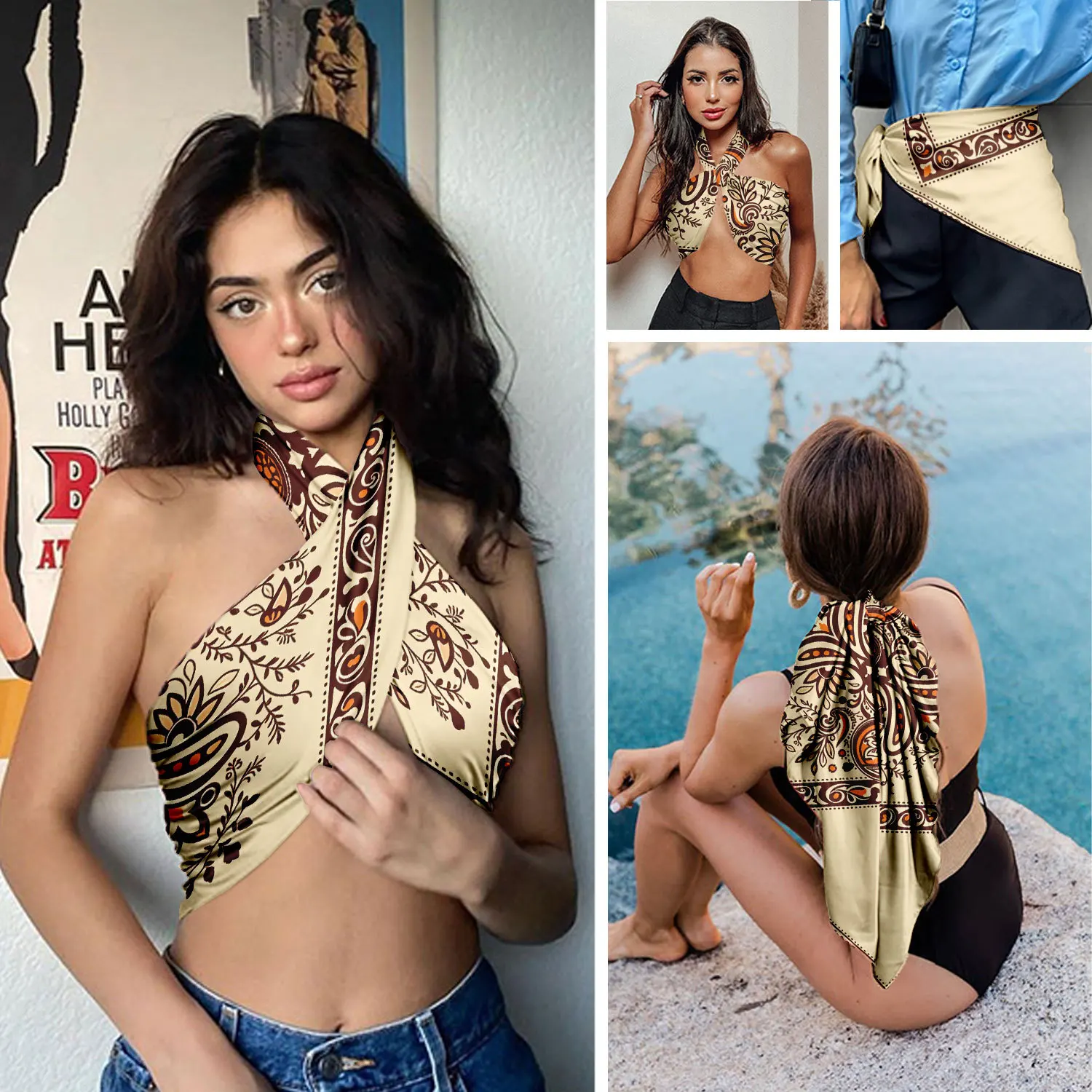 0921 women's floral satin square scarf - soft silk-like texture, versatile headscarf, neckerchief, and turban