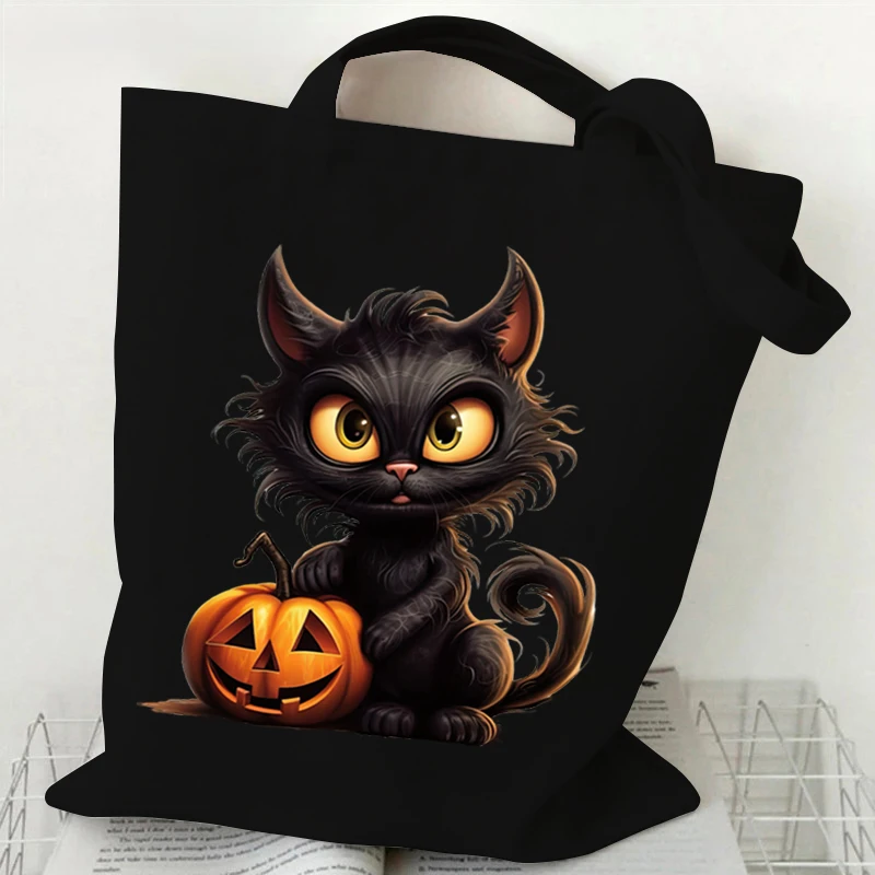 

Shoulder Bag Halloween Cats Canvas Tote Bag Women Funny Horrible Animal Shopping Bag Trick or Treat Female Reusable Handbags