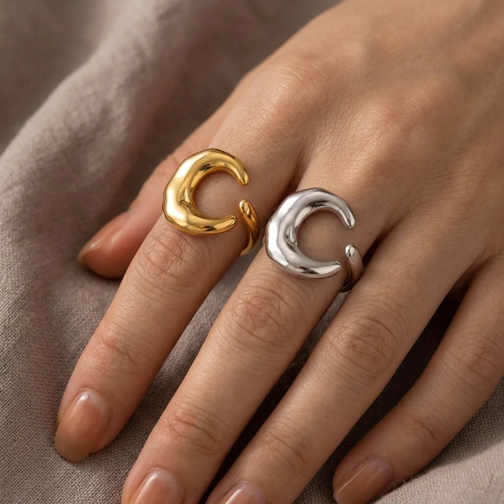LATS Trendy Minimalist Moon Open Rings for Women Versatile Popular Stainless Steel Ring Fashion Jewelry Factory Wholesale