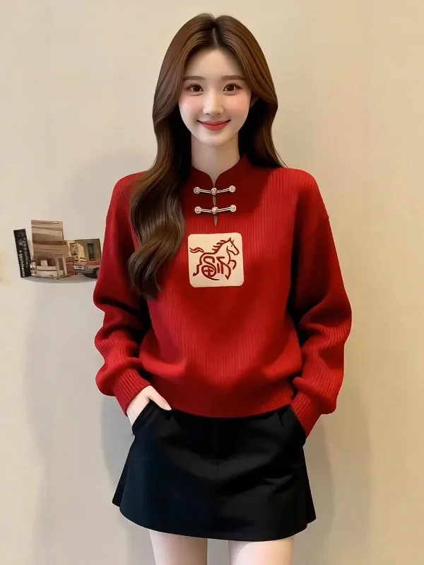 

Red Knitted Sweater New Chinese Sle Loose Fit Button up Autumn Winter Faionable Slimming Top Women's Premium Knitwear