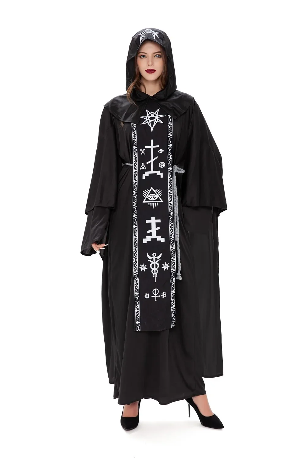 Adult Medieval Magician Robe Cosplay Costume For Men Women Black Hooded Scary Witch Devil Role Play Costume For Halloween Party