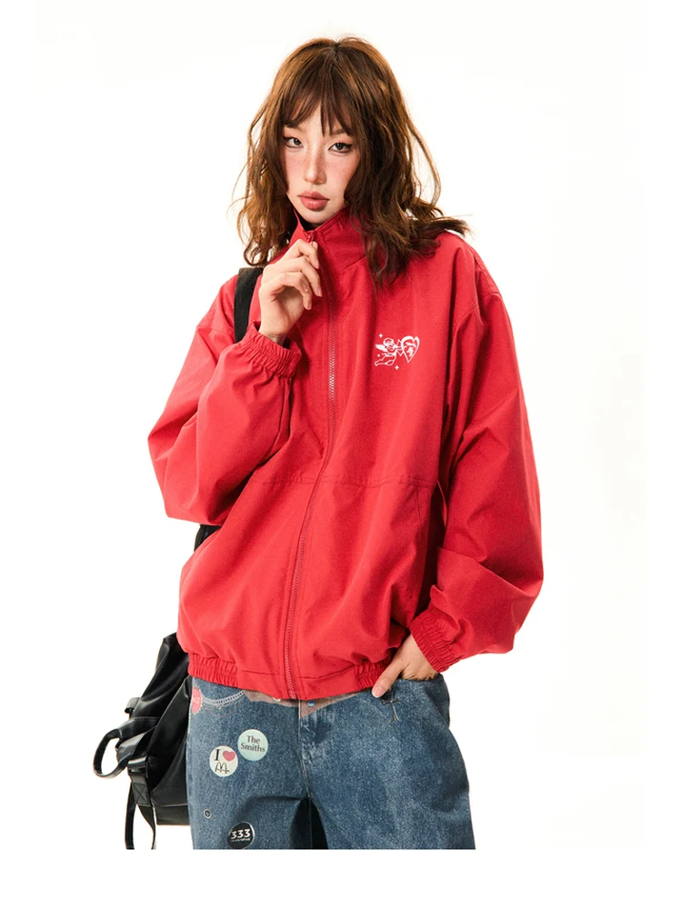 Retro americano carta impressão vermelho workwear jaet ex primavera outono casual solto versátil ins jaet na moda fechamento com zíper