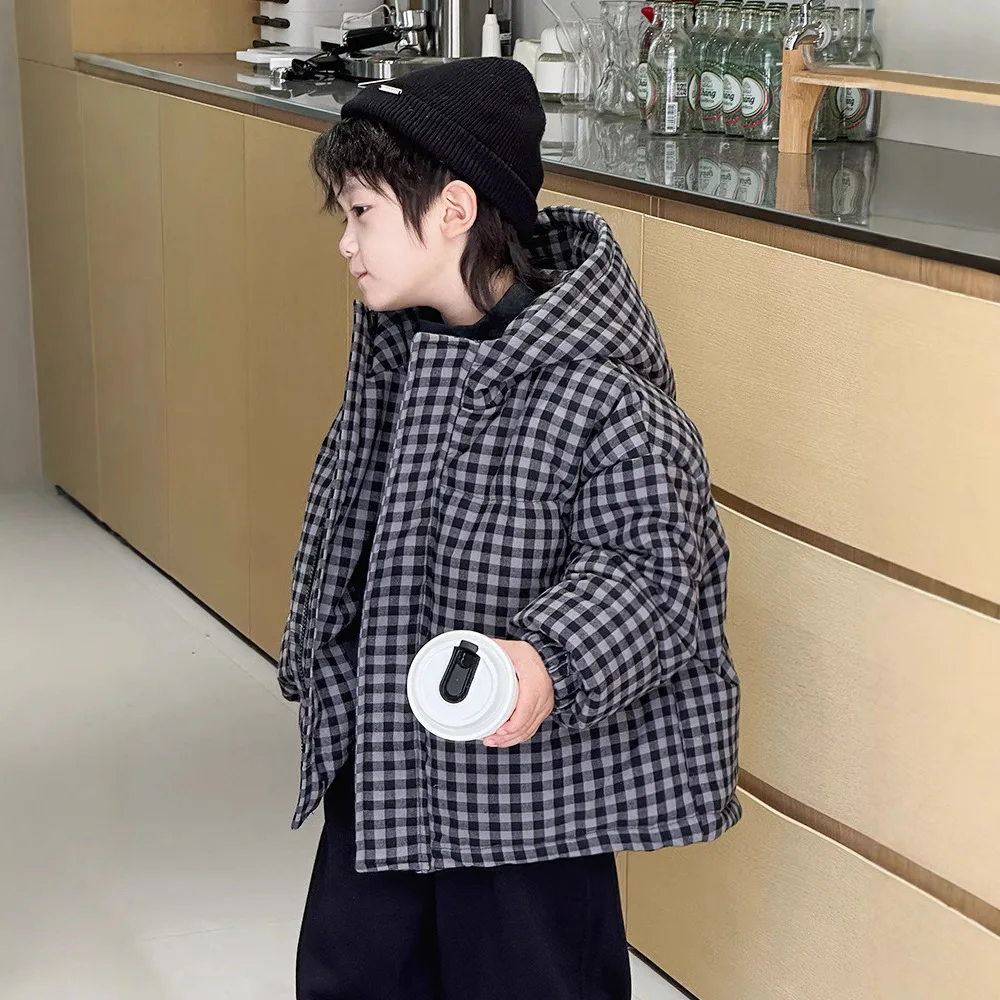 Winter Children Boy Down Jacket Thicken Hooded Plaid Elastic Cuffs Kid Boy Outerwear Korean Style Soft Warm 2-10Y Boys Warm Coat