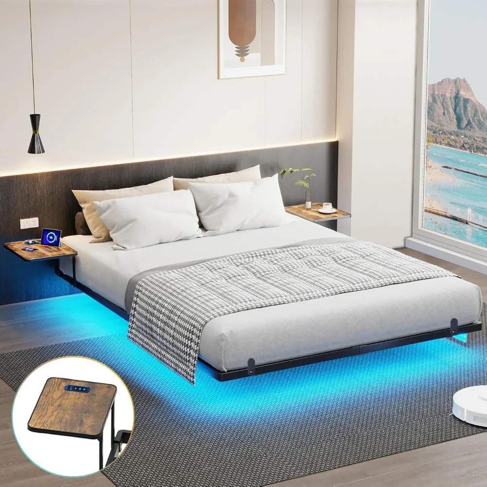 

LED Queen Size Bed Frame with Bedside Tables, Charging Station, No Box Spring Needed, Easy Assembly, Bed Frame