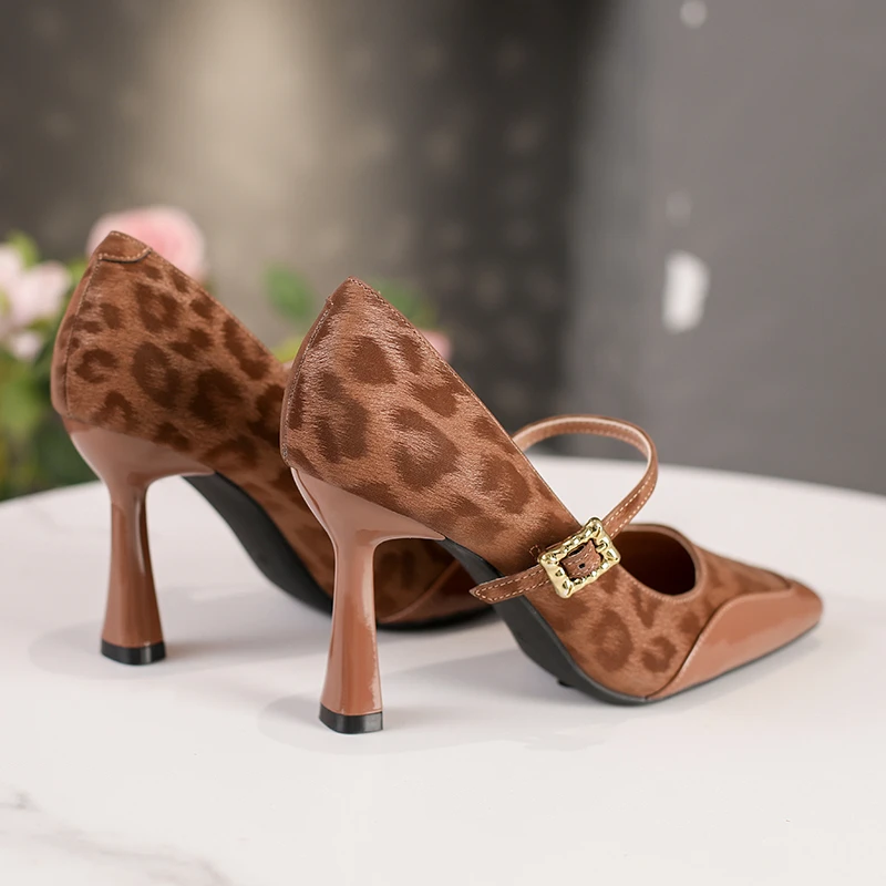 

High Heels Women Spring and Autumn New French Leopard Retro 2025 One Word Mary Jane Square Toe Single Shoes