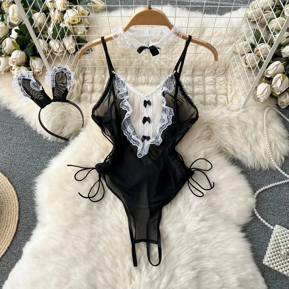 Transparent Ruffle Lace Strap Playsuit Slim Sexy Open Crotch Bow Maid Roleplay Lingerie Pajamas Erotic Cosplay Romper Catsuit