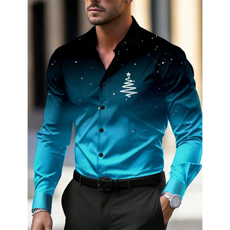 

3D Printed Christmas Tree Hawaiian Shirts For Men Merry Christmas Pattern Aloha Shirts Casual Loose Long Sleeve Blouse Lapel Top