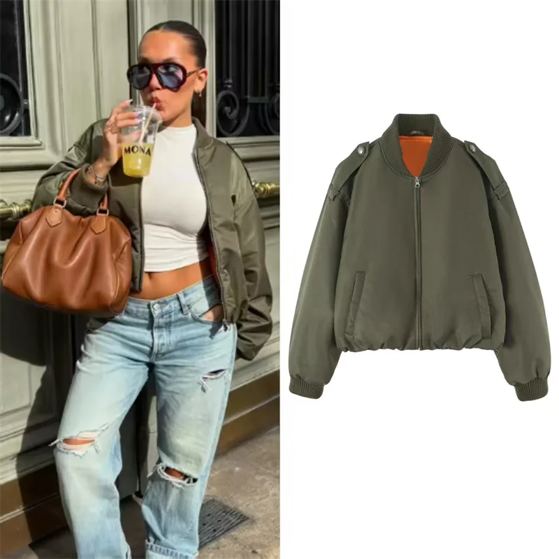 Guobioziy Women's Jacket 2026 Fall/Winter New Military Green Long Sleeve Loose Simple Bomber Parka Stylish and Trendy