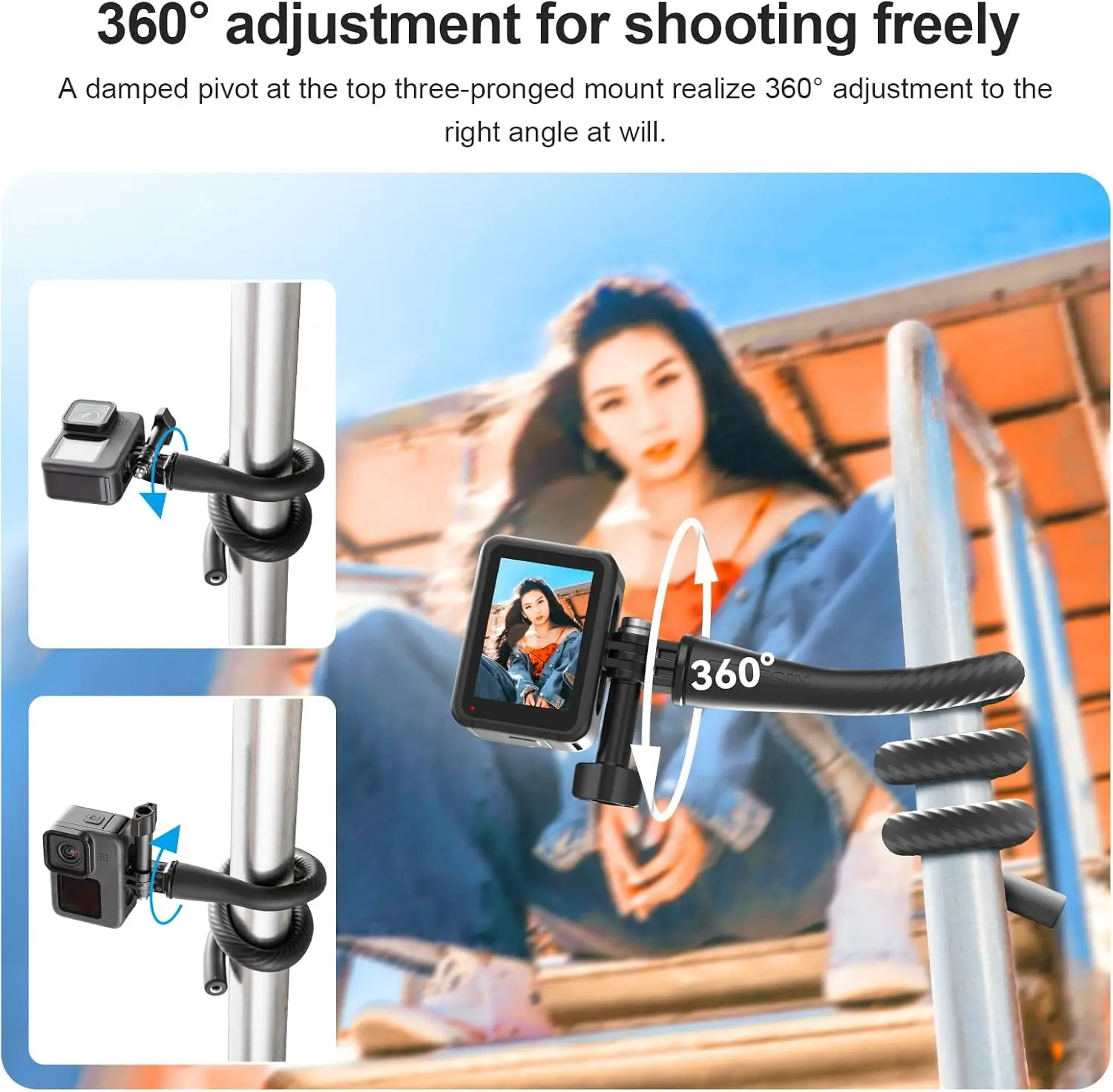 TELESIN Camera Flexible Mount Clamp for GoPro Insta360 X5 X4/X3/GO3/3S/ACE PRO2/DJI OSMO ACTION 5PRO/4/3/2 Tripod Neck Holder