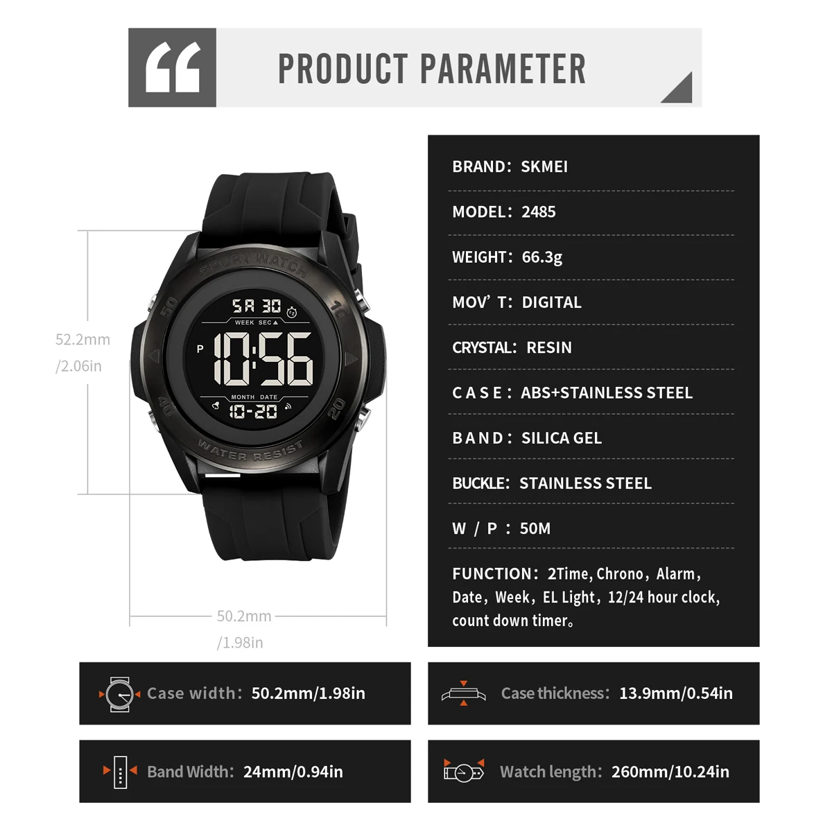 Zegarek cyfrowy SKMEI Military Alarm Chrono z odliczaniem, sportowy zegarek na rękę dla mężczyzn i kobiet, wodoodporny, z datownikiem, elektroniczny.