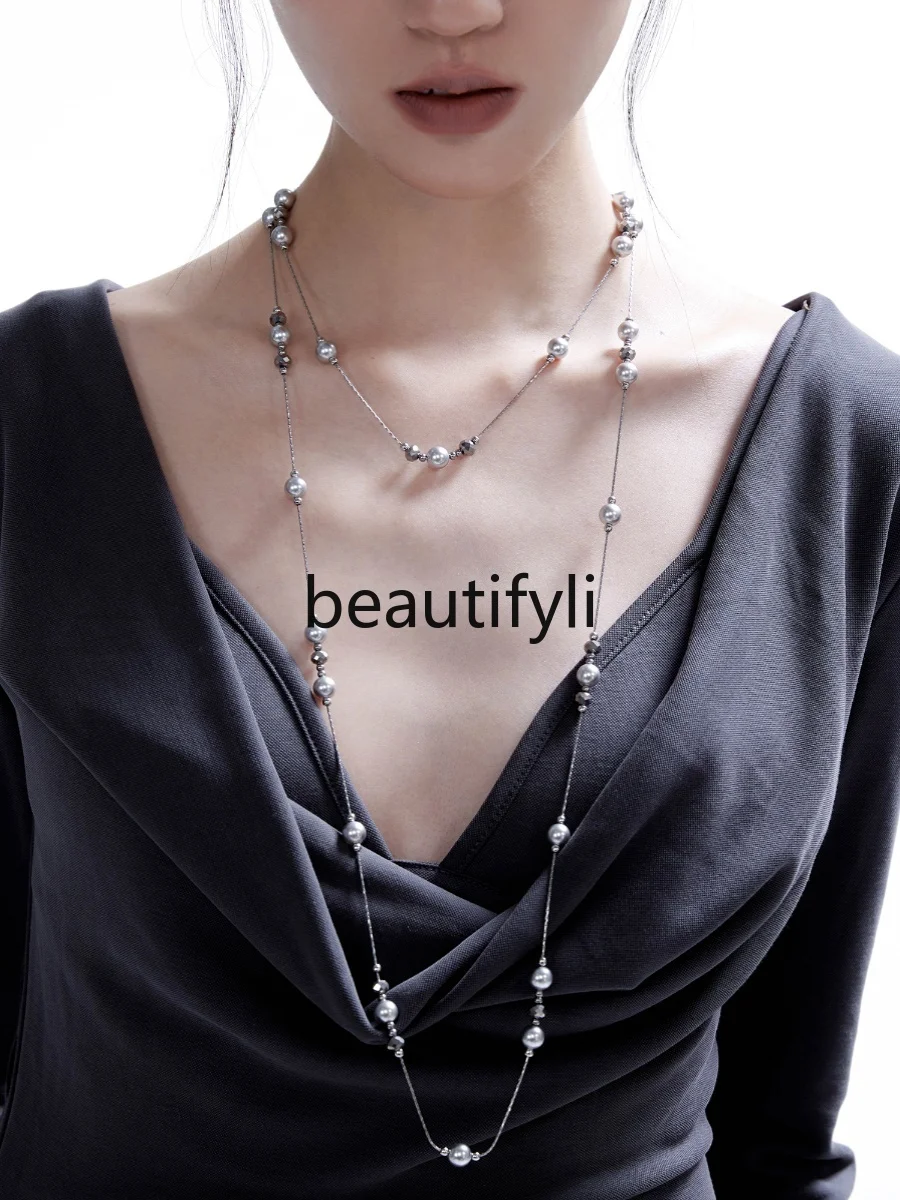 Silver-gray imitation pearl gypsy necklace long necklace multi-purpose