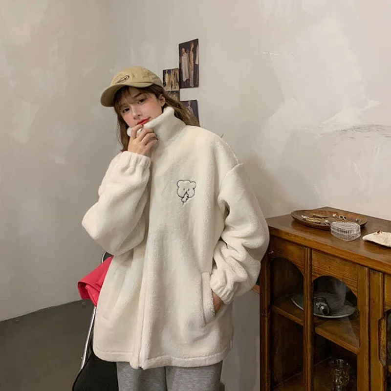 Winter Letter Roze Ritsjas Lamswol Warm Houden Middellange Dames Sweatshirt Borduren Schattige Biscuit Beer Mode Dame Trui