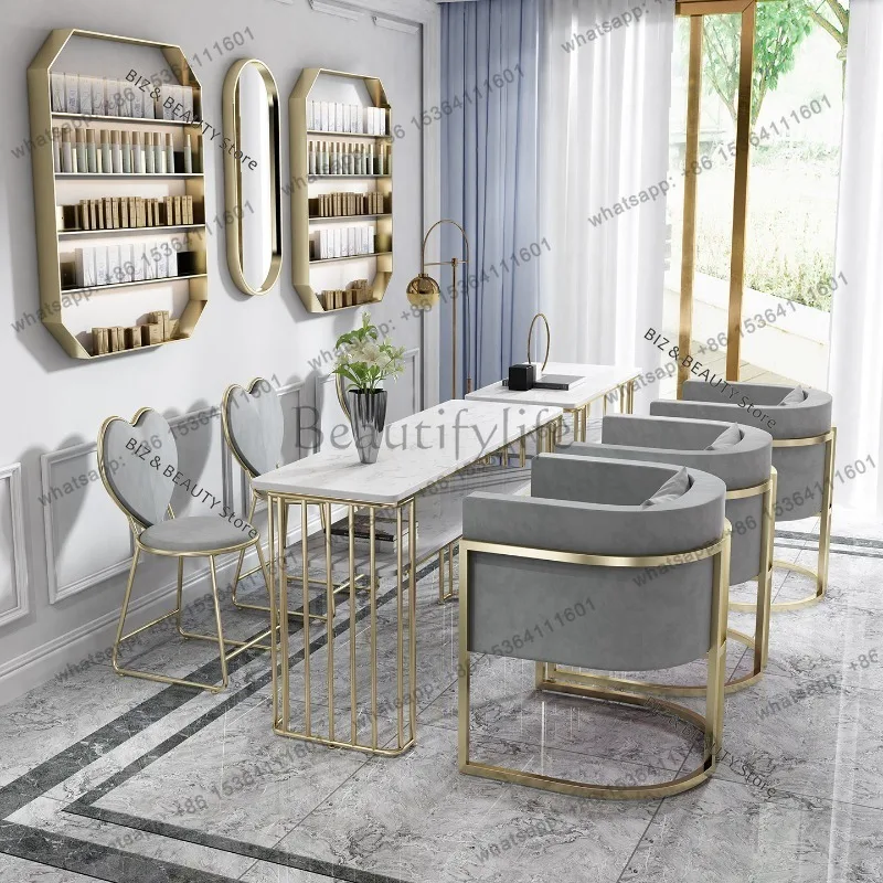 FG Nordic Gold Iron Nail Desk Set Double-Layer Marble Manicure Table Upholstered Sofa Chair Single & Double Sale Salon & Home JT