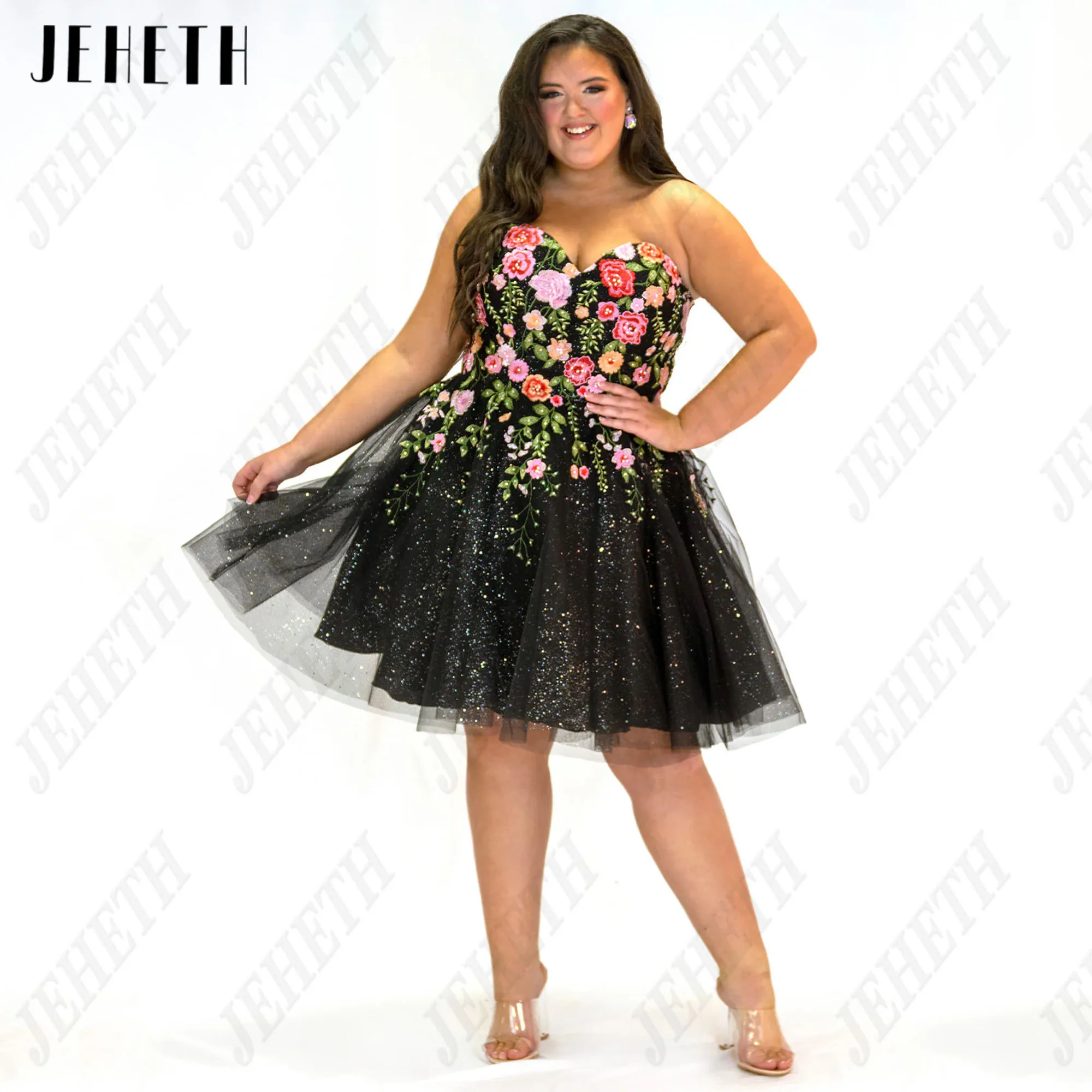 

JEHETH Sparkly Plus Size Prom Dress Floral Print Mini Black Evening Party Gowns Strapless A-Line Glitter فساتين سهرة Customized