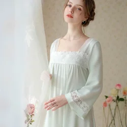 Women Spring Autumn Vintage Chinese Flare Sleeve Nightwear Sweet Lace Square Neck Night Dress Long Nightgown Princess Sleepwear